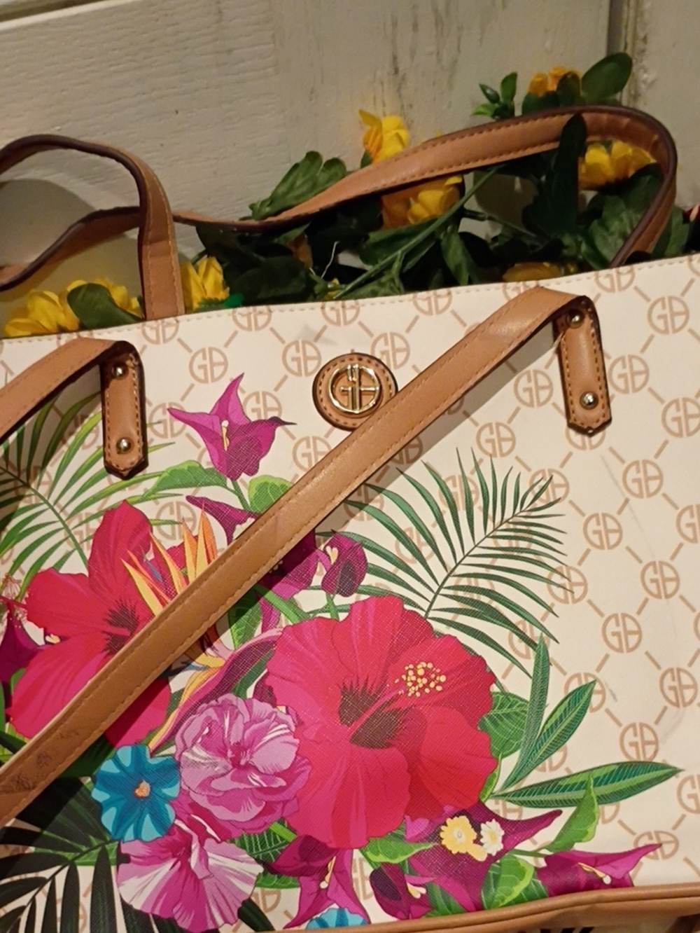 Gianni Bini Cream Tote with Pink, Red, Green Floral Print